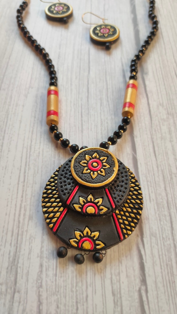 Elegant Handcrafted Black & Golden Terracotta Clay Necklace Set