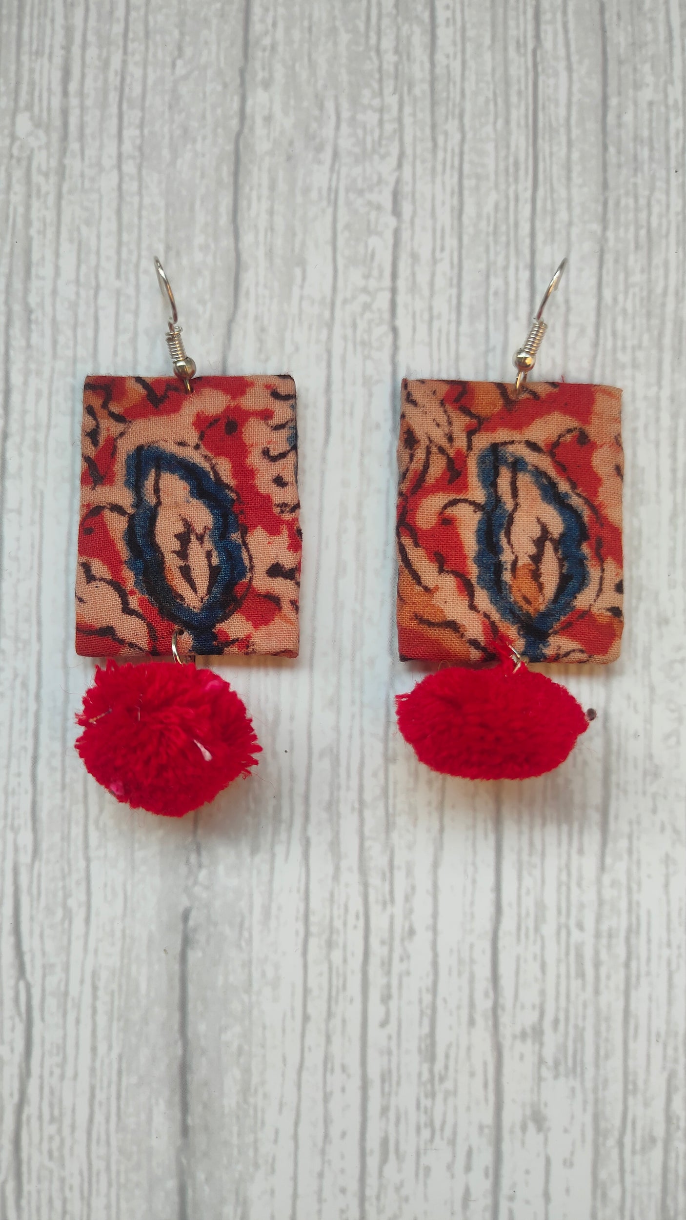 Handcrafted Kalamkari Fabric Earrings with Pom Pom
