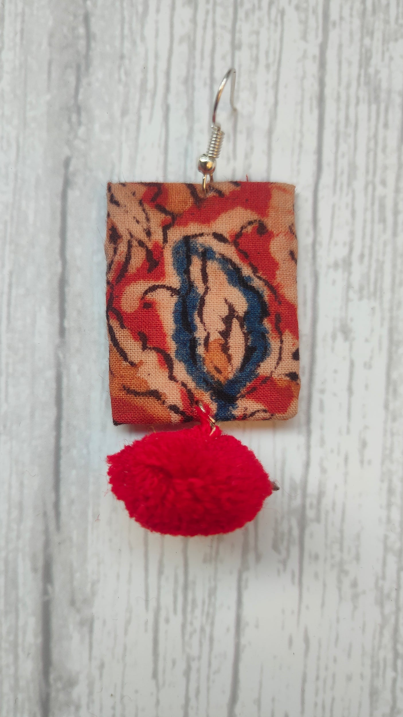 Handcrafted Kalamkari Fabric Earrings with Pom Pom