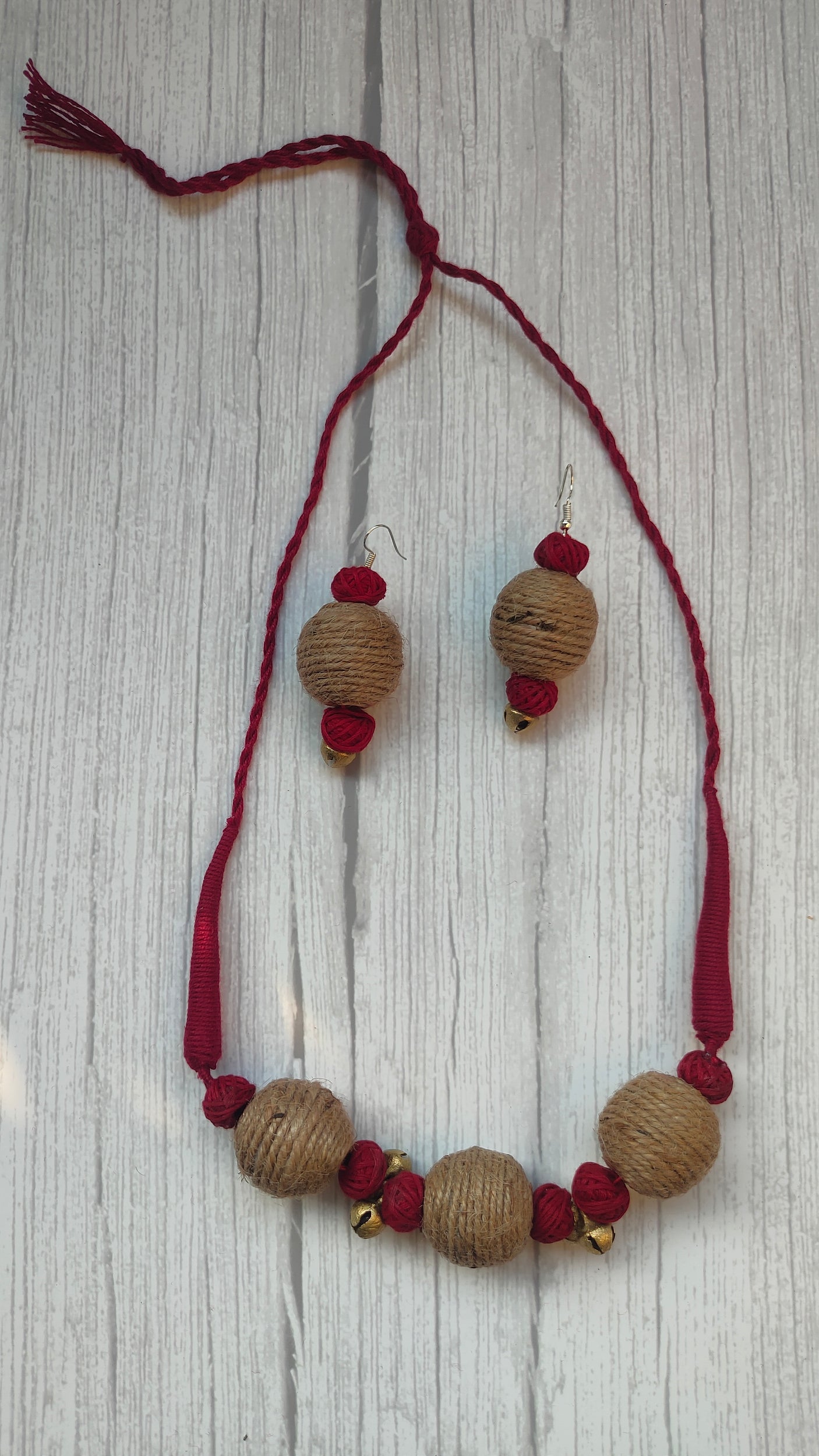 Fabric, Jute and Ghungroos Embellished Handcrafted Necklace Set