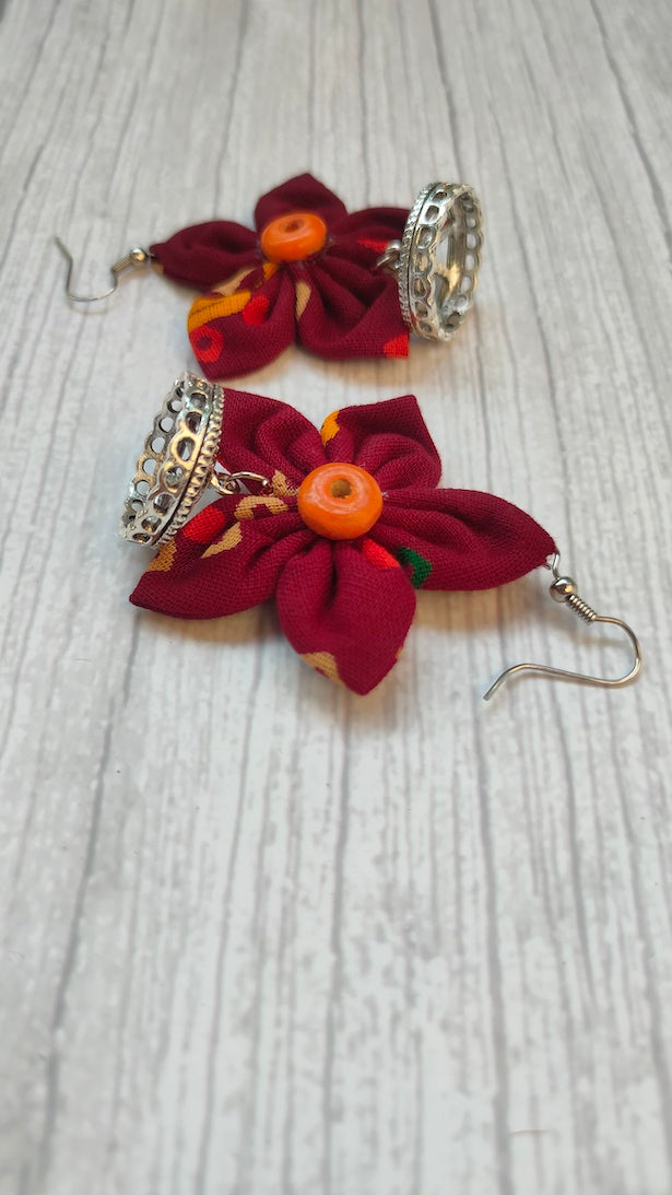 Maroon Handcrafted Fabric Earrings with Jhumka Endings