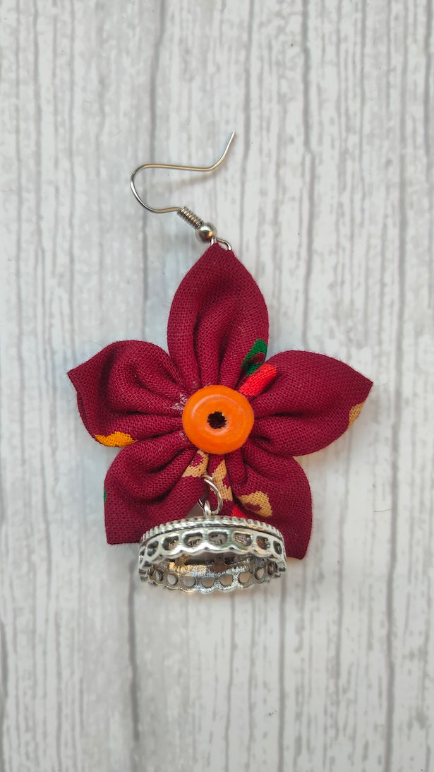 Maroon Handcrafted Fabric Earrings with Jhumka Endings