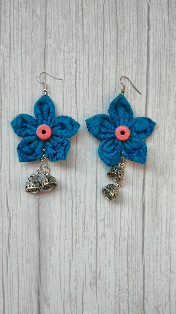Blue Handcrafted Fabric Earrings with Jhumka Strands