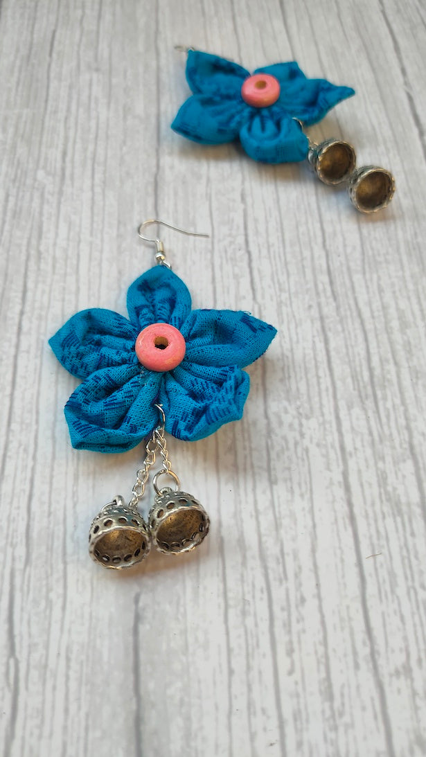 Blue Handcrafted Fabric Earrings with Jhumka Strands