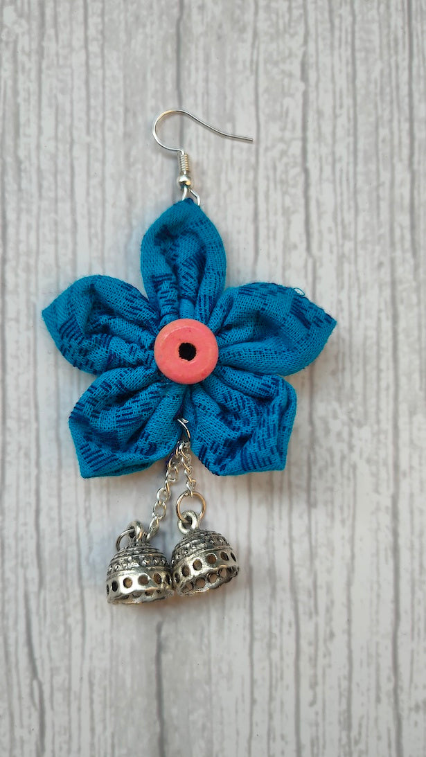 Blue Handcrafted Fabric Earrings with Jhumka Strands