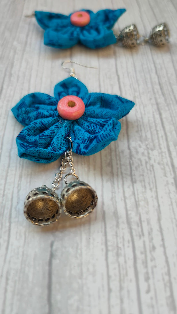 Blue Handcrafted Fabric Earrings with Jhumka Strands