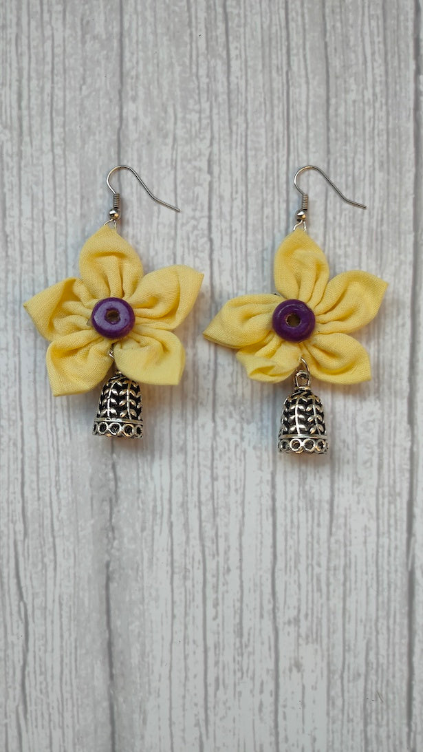 Yellow Handcrafted Fabric Earrings with Jhumka Strands