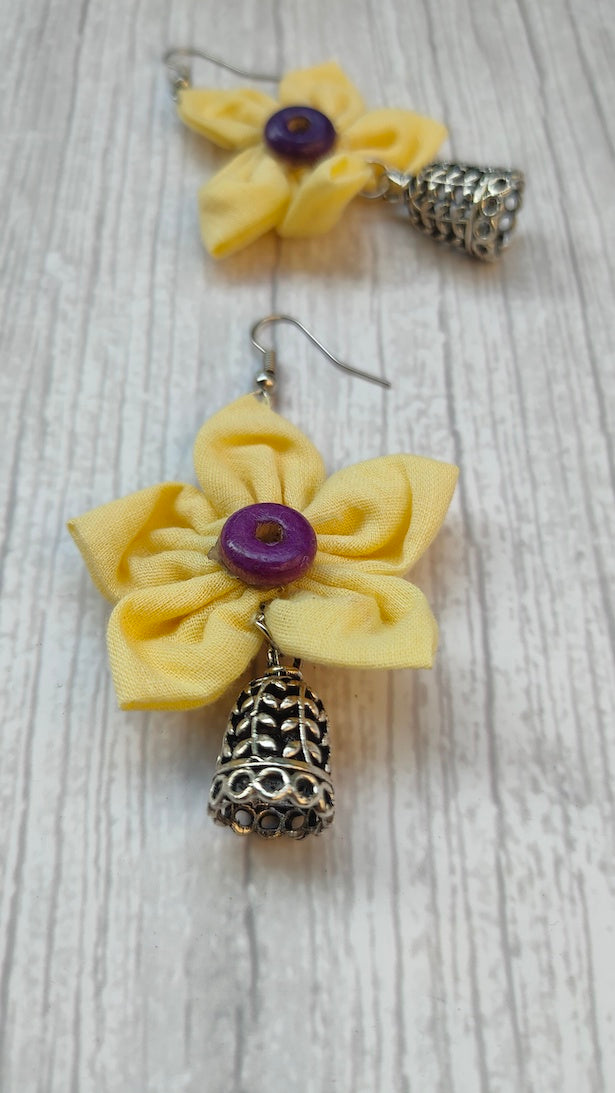 Yellow Handcrafted Fabric Earrings with Jhumka Strands