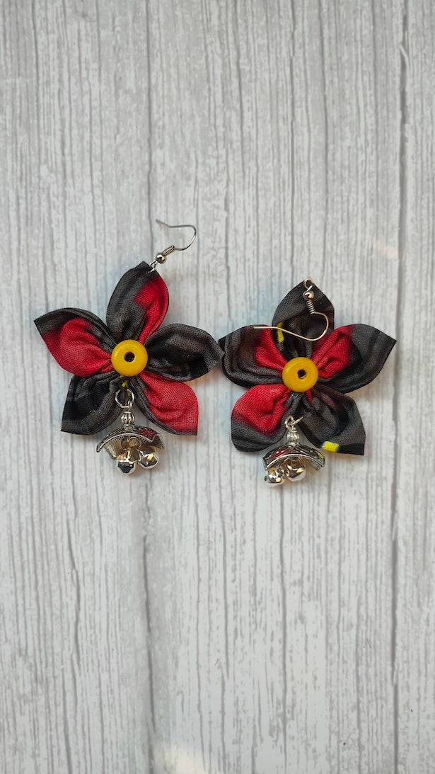 Black and Red Handcrafted Fabric Earrings with Metal Embellishments