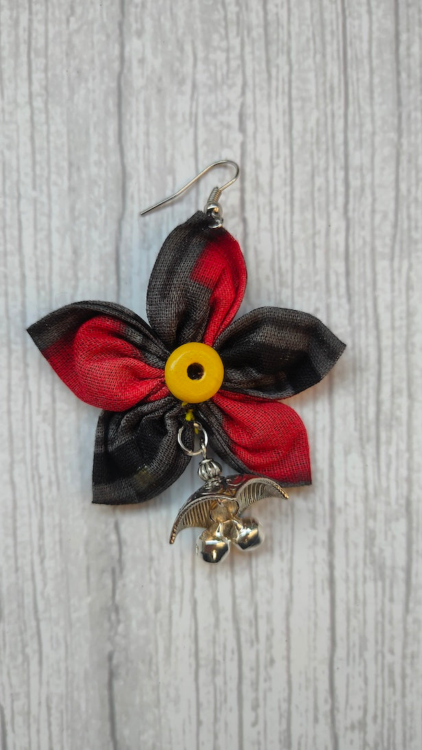 Black and Red Handcrafted Fabric Earrings with Metal Embellishments
