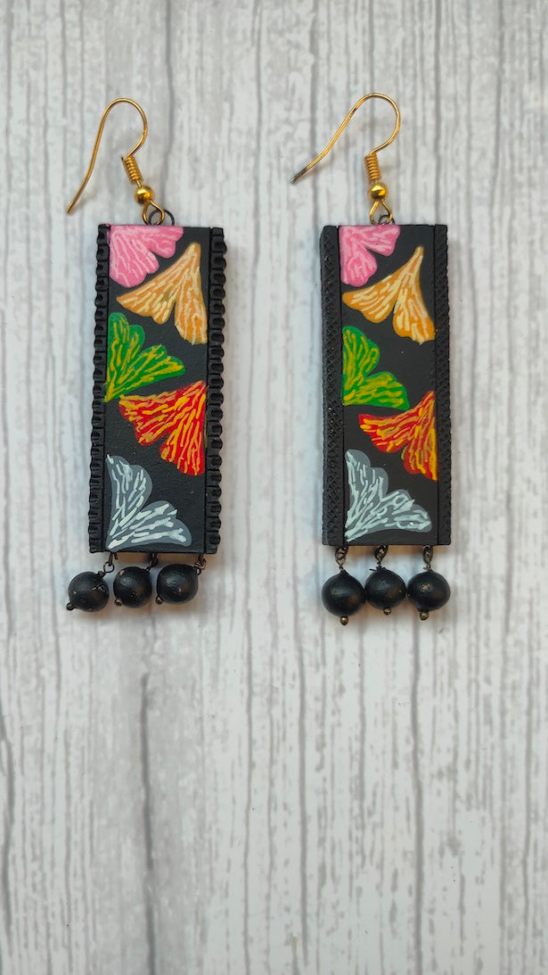 Handpainted Flowers Black & Multi-Color Terracotta Clay Earrings