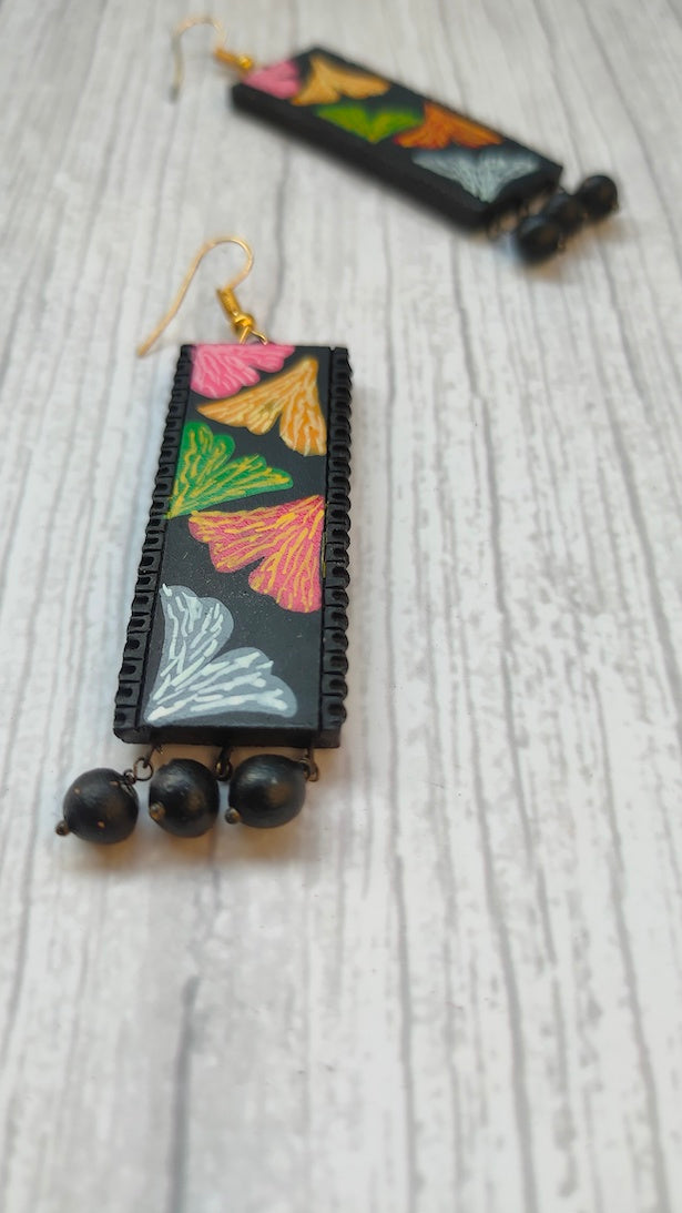 Handpainted Flowers Black & Multi-Color Terracotta Clay Earrings