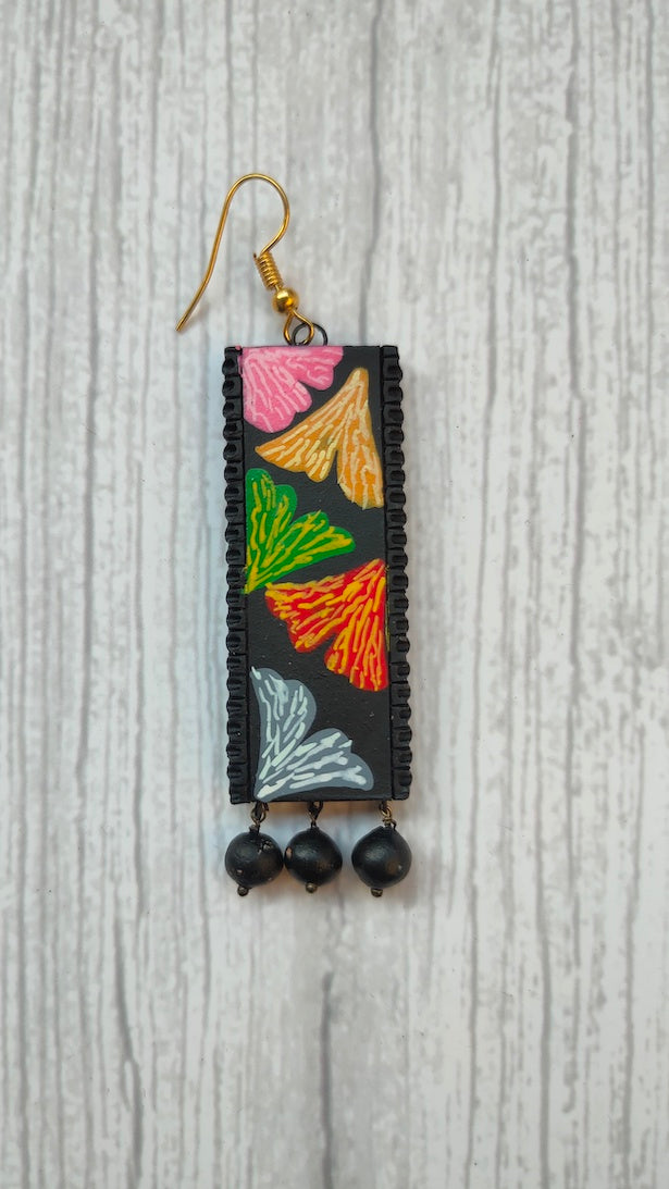 Handpainted Flowers Black & Multi-Color Terracotta Clay Earrings