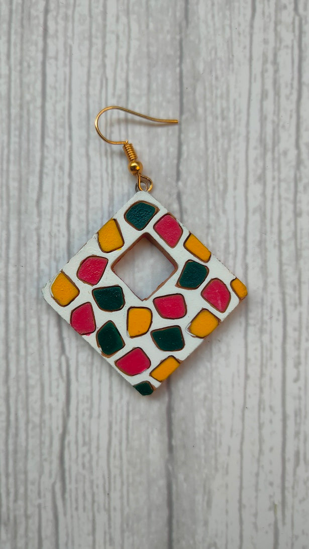 Handpainted White & Multi-Color Terracotta Clay Dangler Earrings