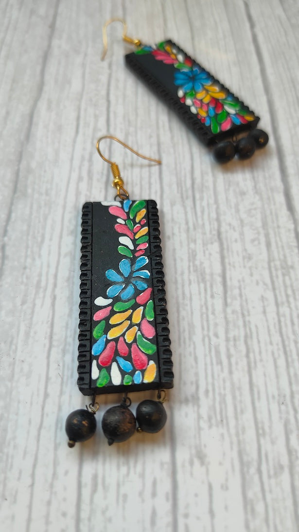Handpainted Black & Multi-Color Terracotta Clay Earrings