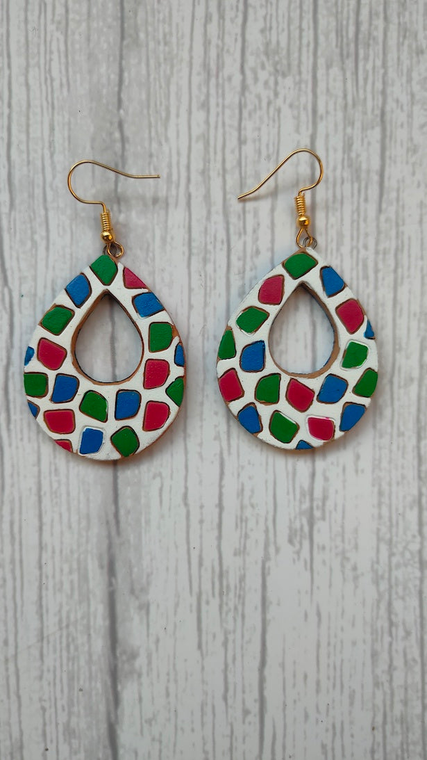 Handpainted Teardrop White & Multi-Color Terracotta Clay Dangler Earrings