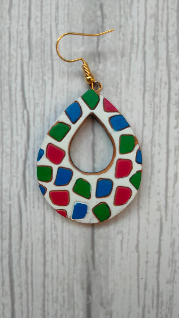 Handpainted Teardrop White & Multi-Color Terracotta Clay Dangler Earrings