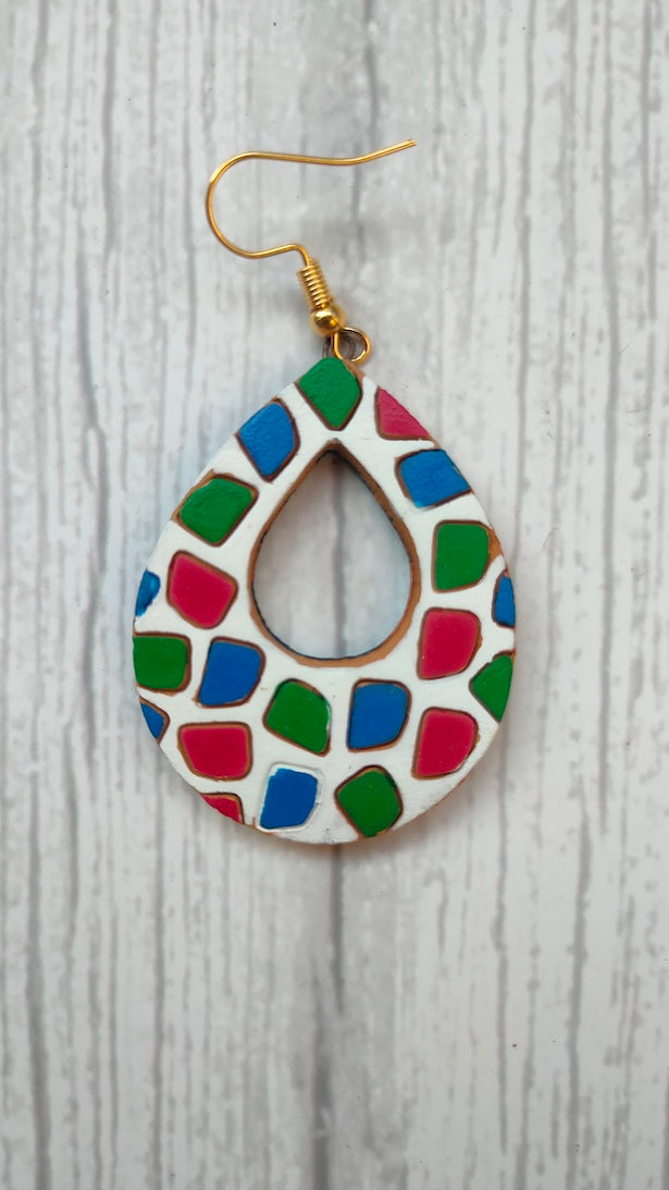 Handpainted Teardrop White & Multi-Color Terracotta Clay Dangler Earrings