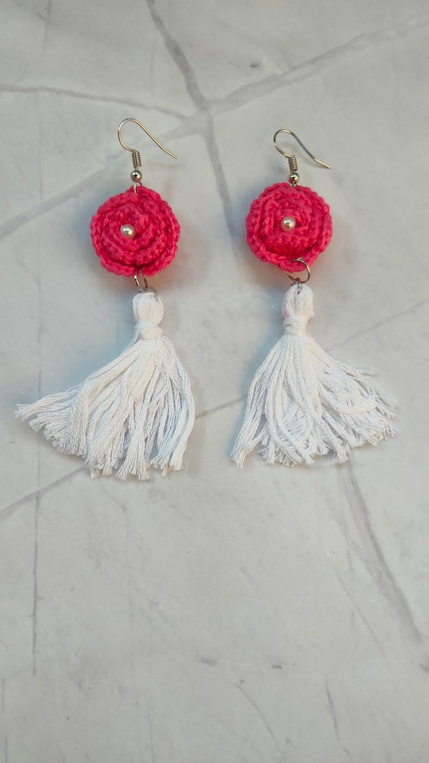 Baby Pink and White Handcrafted Crochet Dangler Earrings