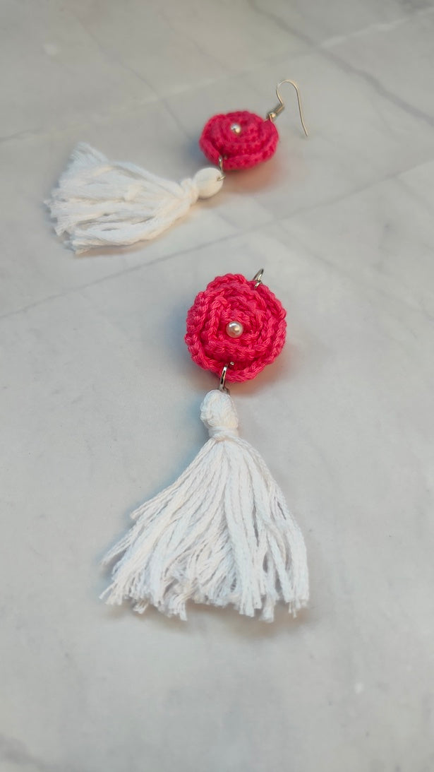 Baby Pink and White Handcrafted Crochet Dangler Earrings