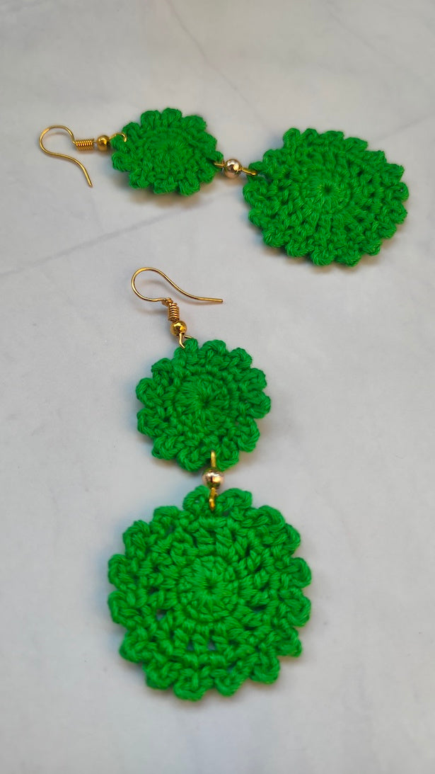 2 Layer Green Flower Handcrafted Crochet Earrings