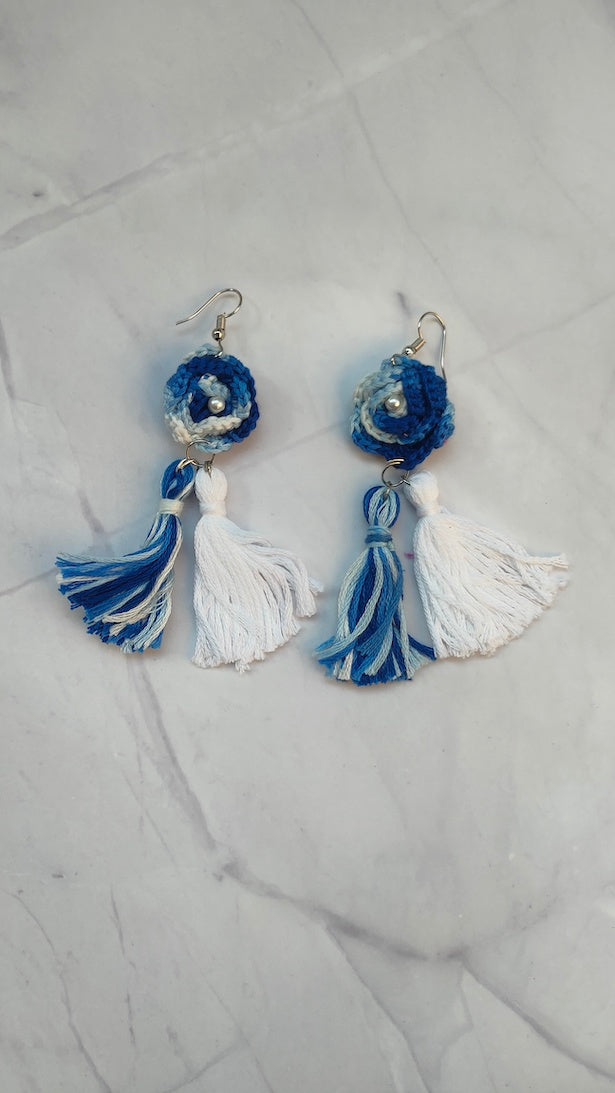 Shades of Blue and White Flower Handcrafted Crochet Dangler Earrings