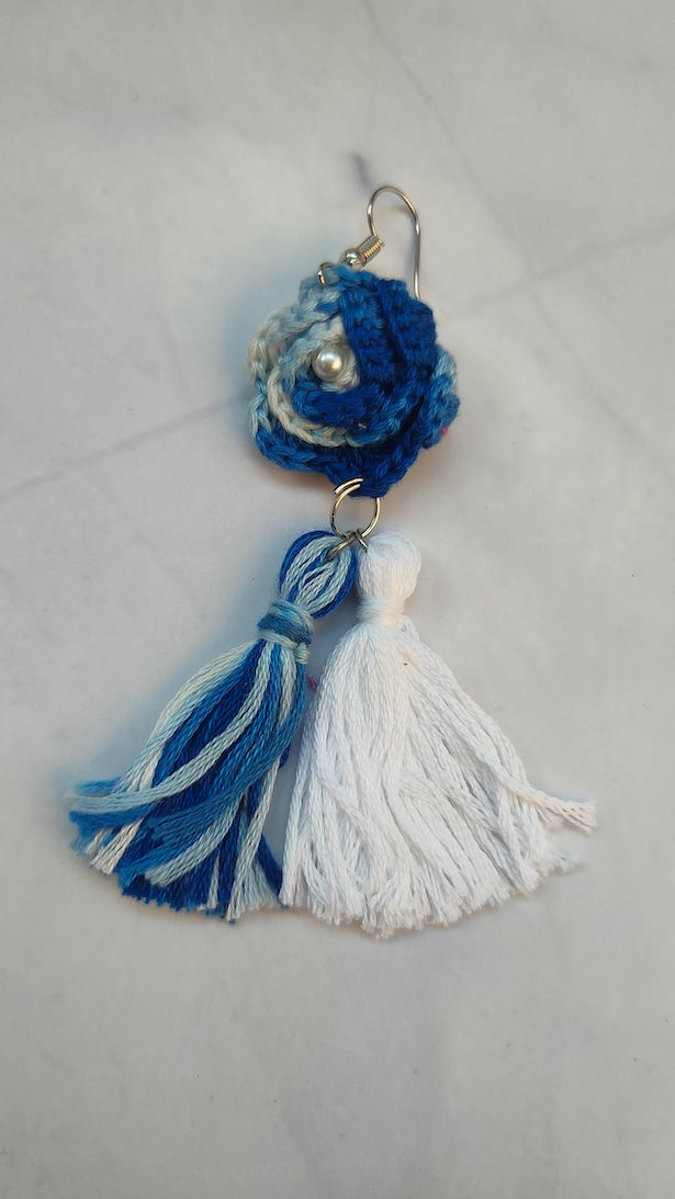 Shades of Blue and White Flower Handcrafted Crochet Dangler Earrings