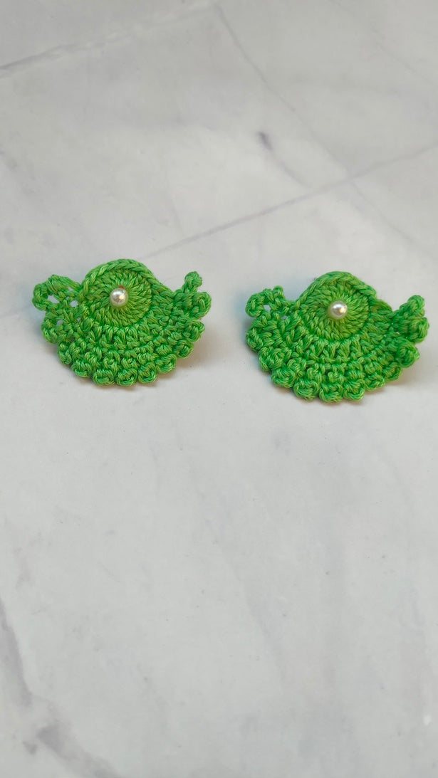 Green Half Moon Shape Flower Handcrafted Crochet Earrings