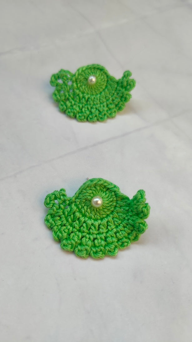 Green Half Moon Shape Flower Handcrafted Crochet Earrings