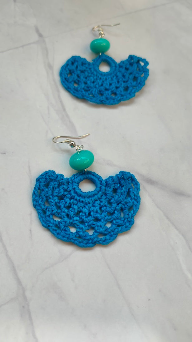Blue Half Moon Shape Handcrafted Crochet Earrings