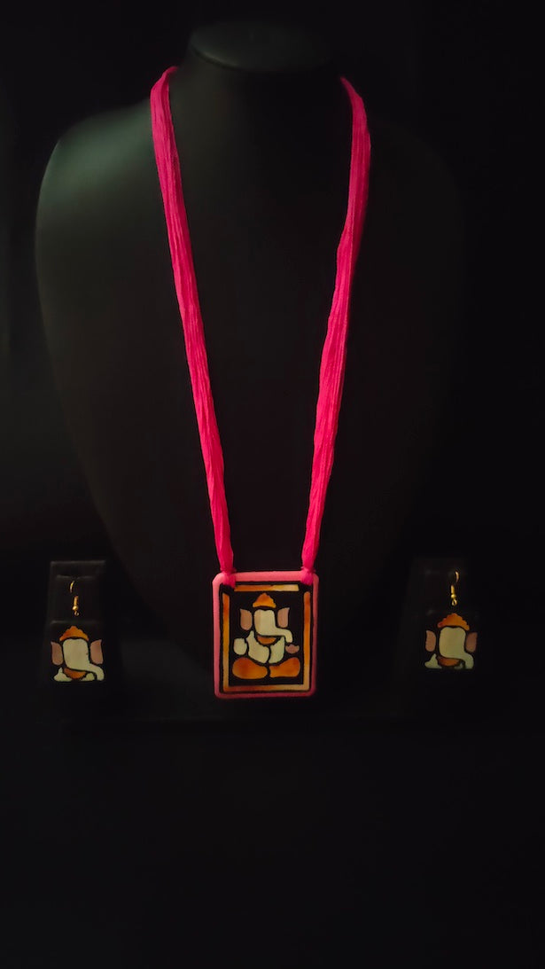 Handpainted Ganesha Terracotta Clay Necklace Set