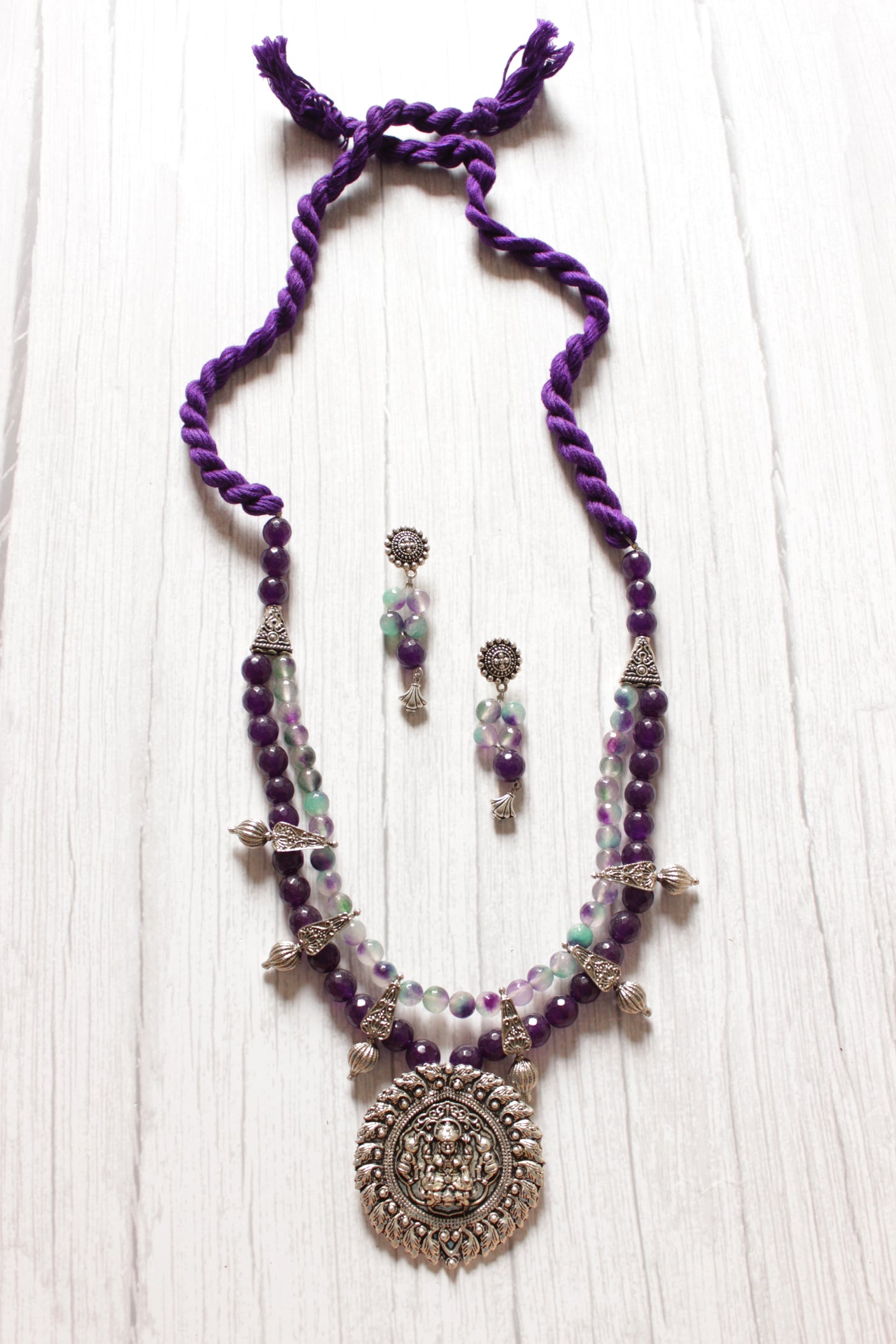 2 Layer Vibrant Jade Beads Religious Motif Necklace Set