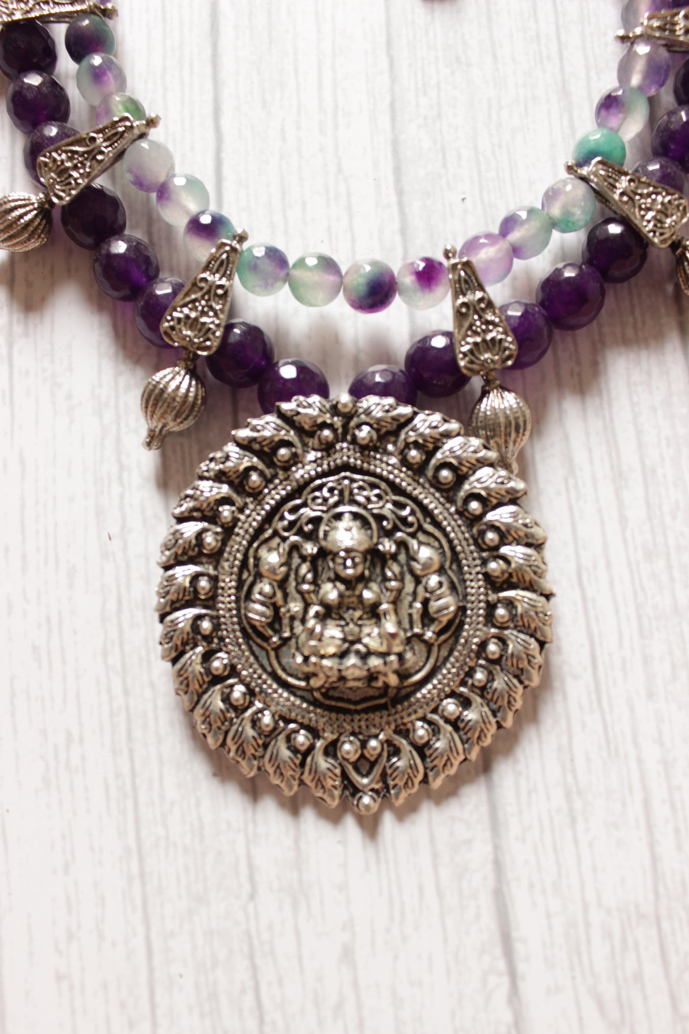 2 Layer Vibrant Jade Beads Religious Motif Necklace Set