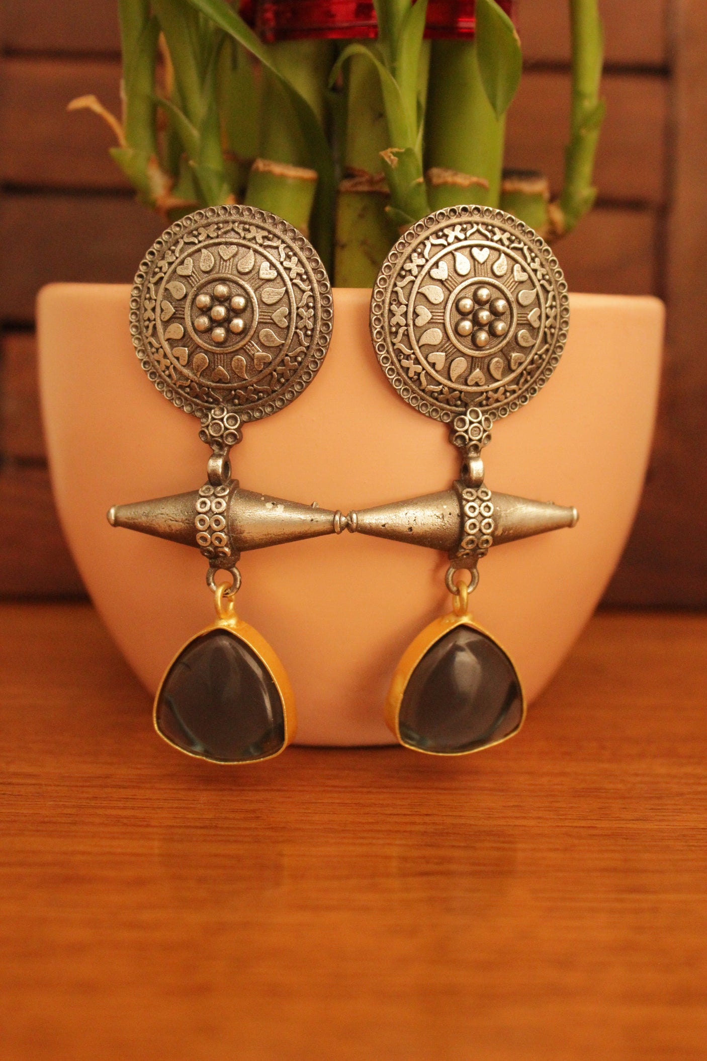 Blue Tourmaline Natural Gemstones Handmade Oxidised Silver Finish Brass Earrings