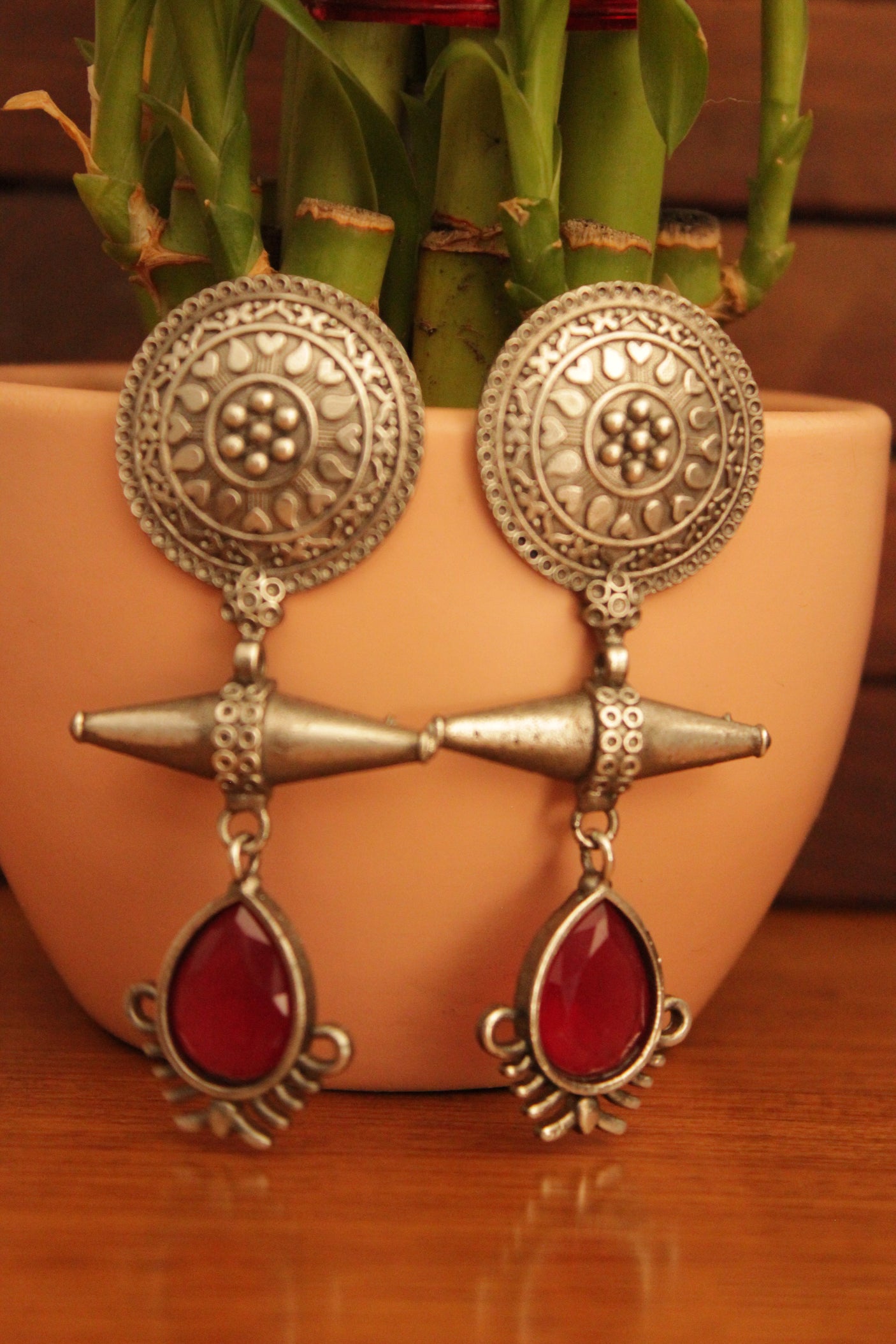 Red Ruby Natural Gemstones Handmade Oxidised Silver Finish Brass Earrings