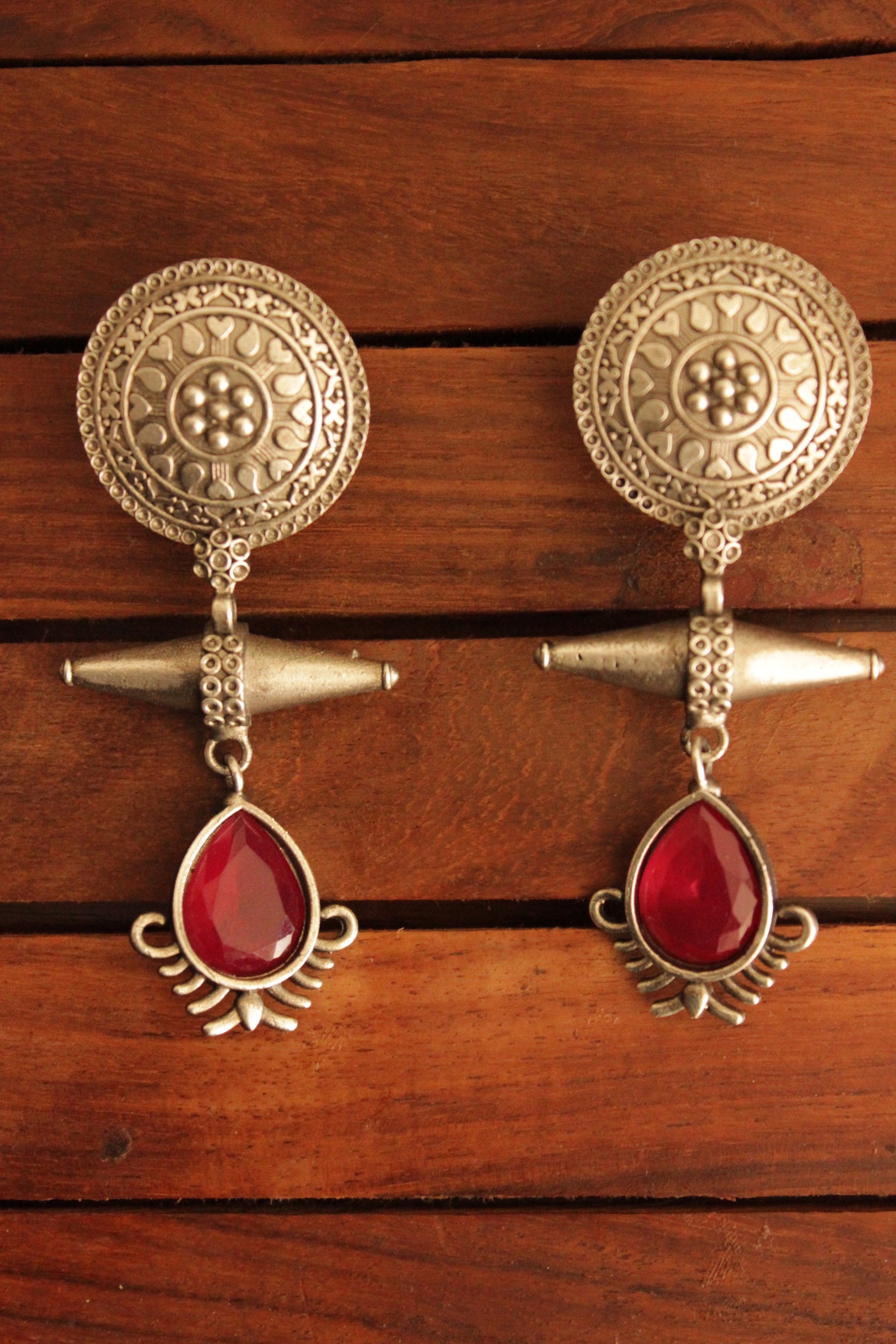 Red Ruby Natural Gemstones Handmade Oxidised Silver Finish Brass Earrings