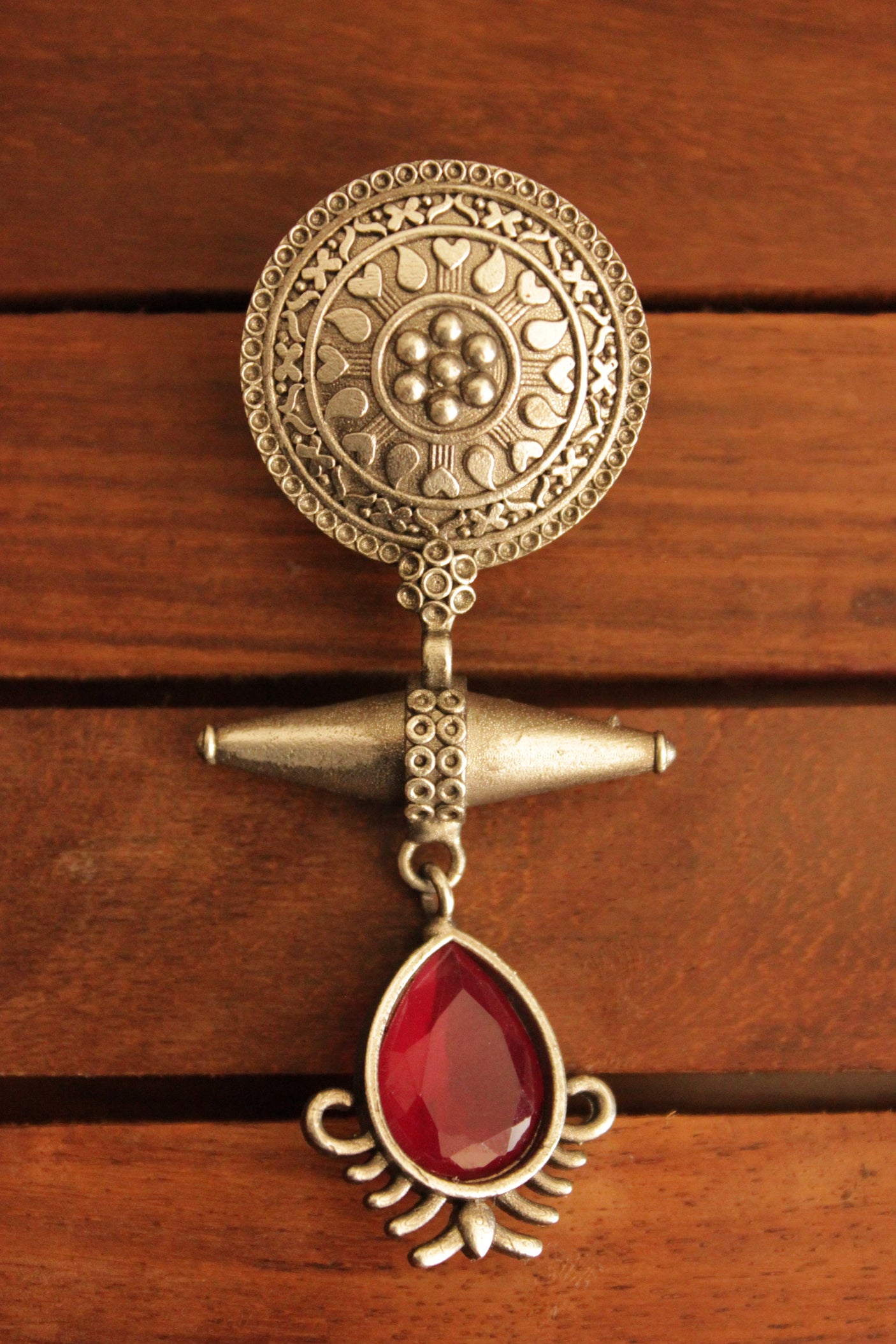 Red Ruby Natural Gemstones Handmade Oxidised Silver Finish Brass Earrings