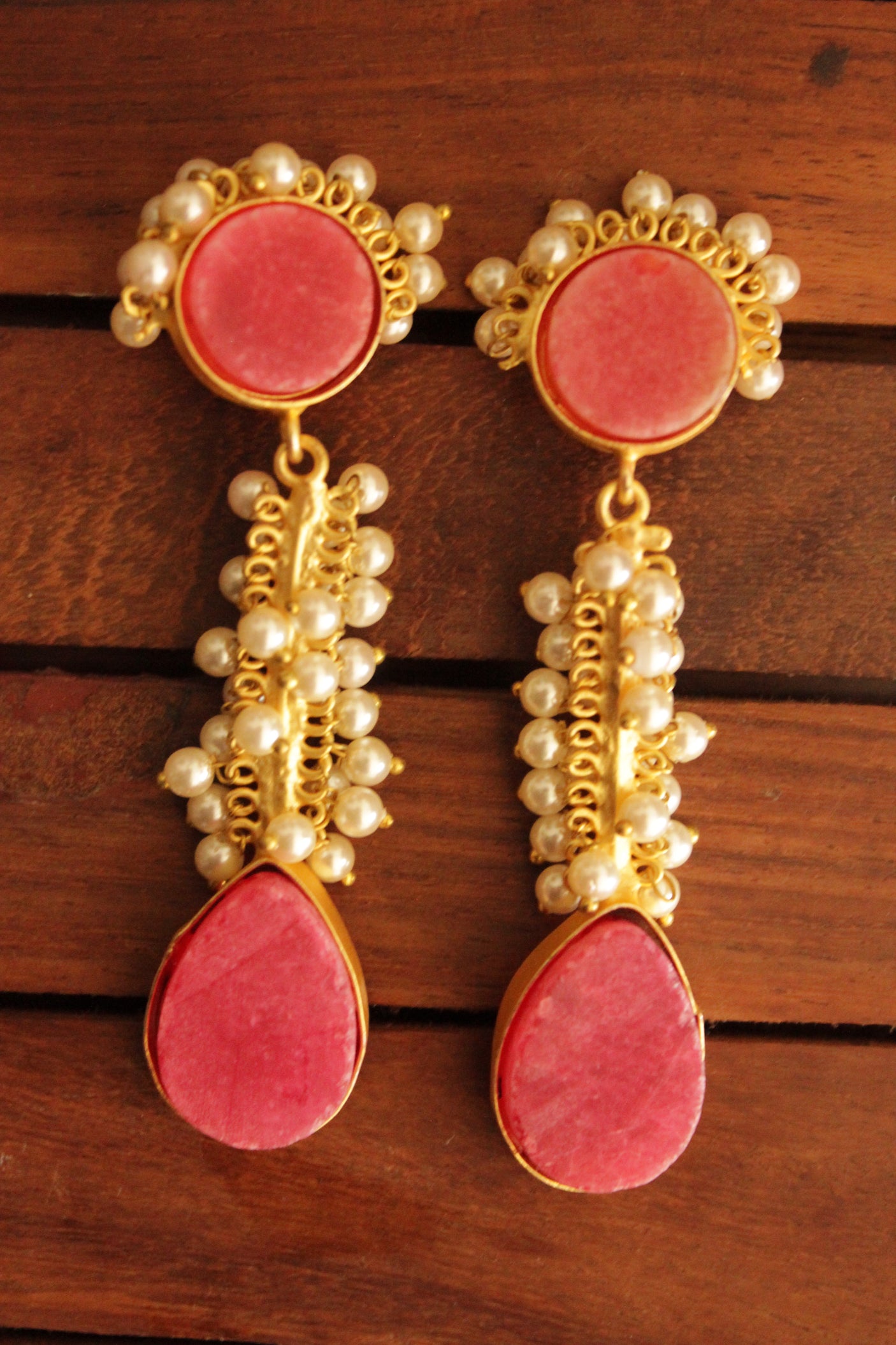 Natural Pink Rhodochrosite Tear Drop Gold Toned Handmade Brass Dangler Earrings Embellished with White Beads