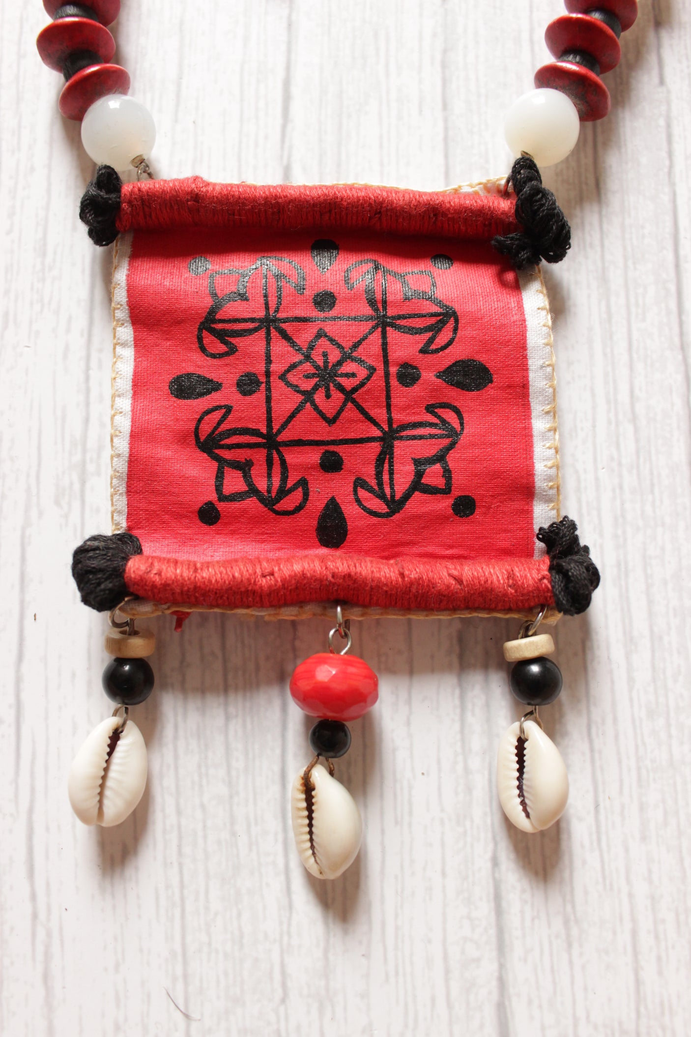 Jade Beads, Wooden Beads and Shell Work Hand Painted Fabric Necklace Set