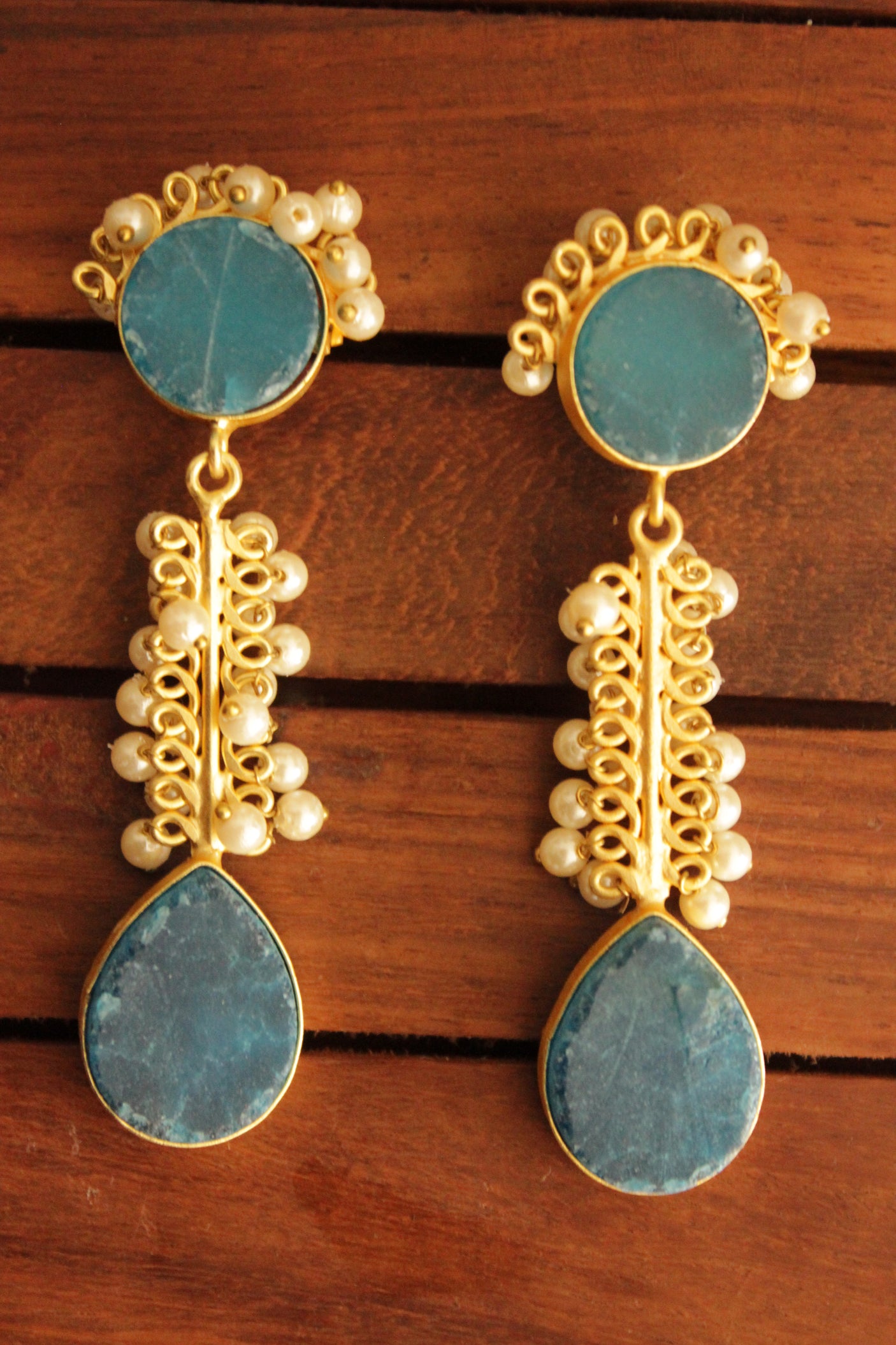 Teal Blue Raw Natural Gemstone Tear Drop Gold Toned Handmade Brass Dangler Earrings Embellished with White Beads
