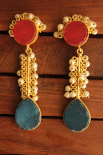 Load image into Gallery viewer, Fuchsia &amp; Teal Blue Raw Natural Gemstone Tear Drop Gold Toned Handmade Brass Dangler Earrings Embellished with White Beads
