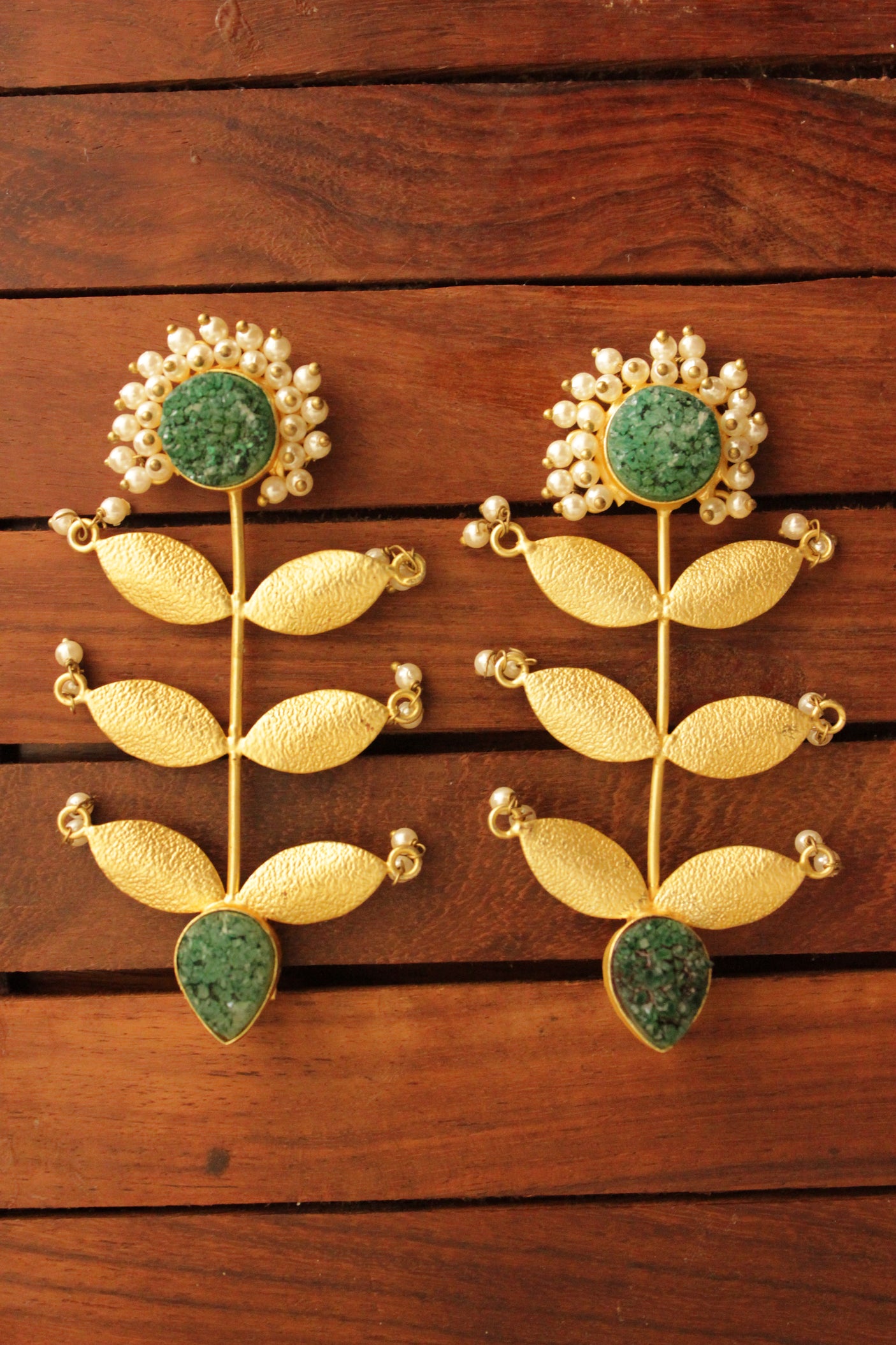 Green Sugar Druzy Raw Natural Gemstone Leaf and Stem Gold Toned Handmade Brass Dangler Earrings
