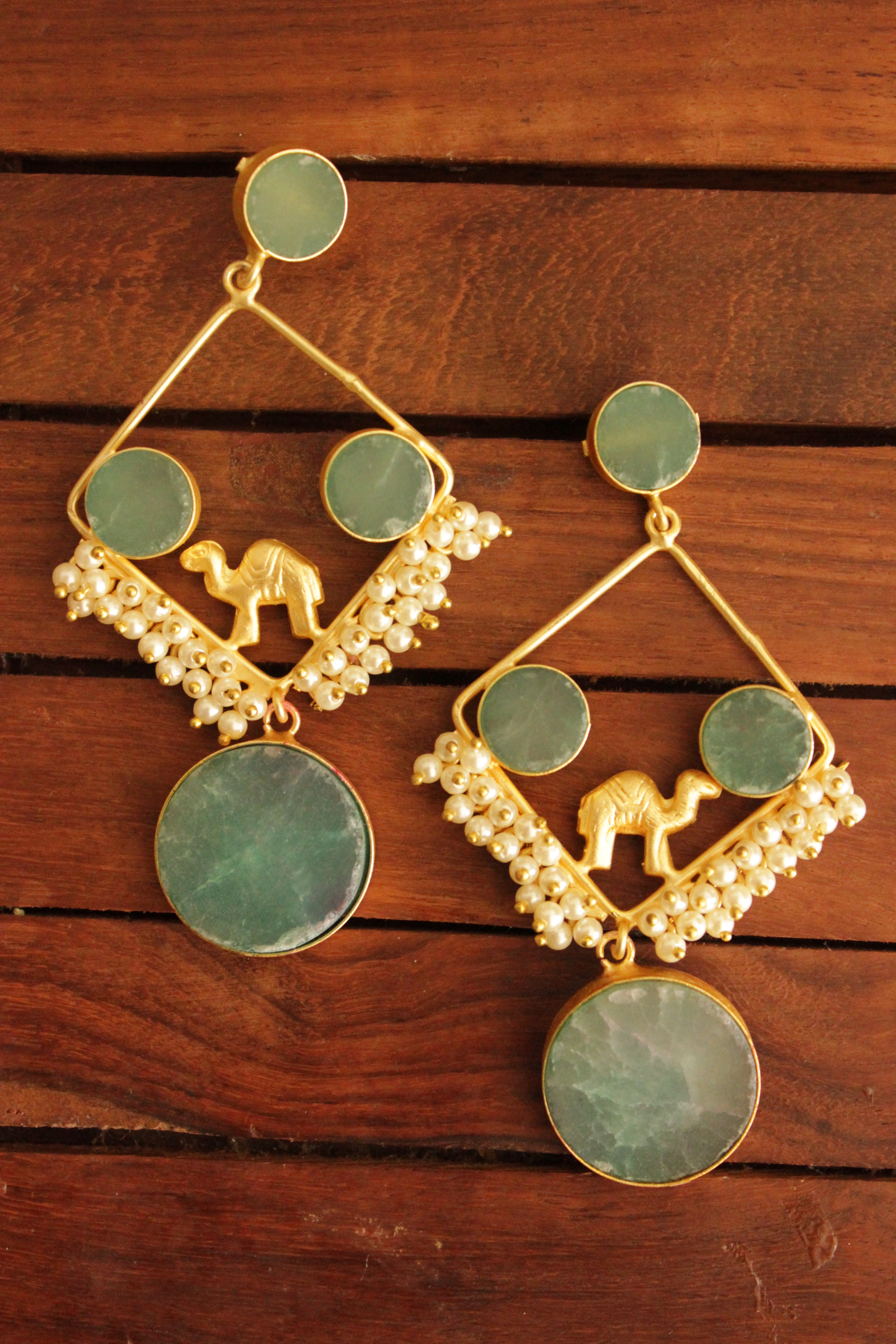 Sea Green Raw Natural Gemstones Embedded Gold Toned Brass Earrings Accentuated with White Beads