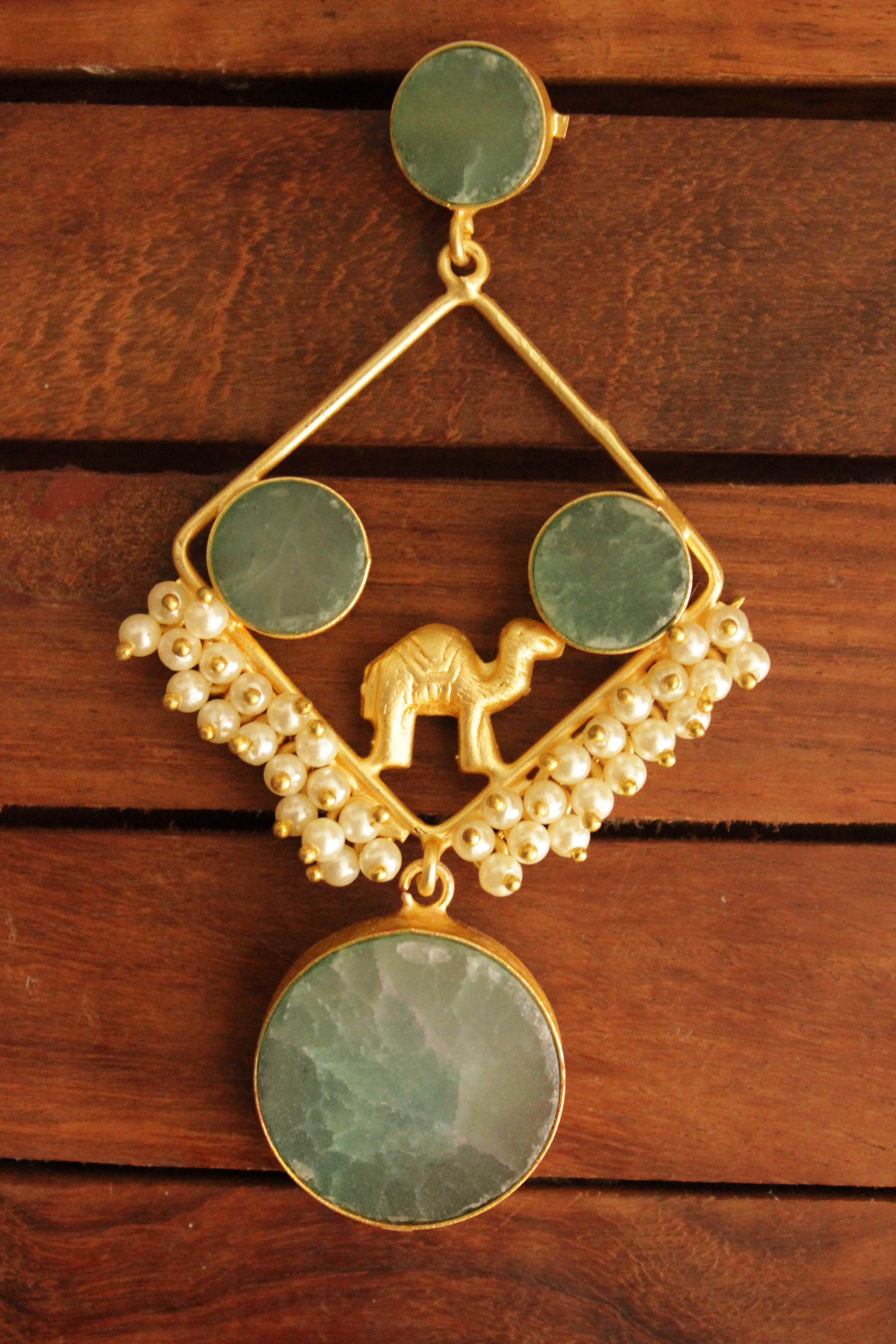 Sea Green Raw Natural Gemstones Embedded Gold Toned Brass Earrings Accentuated with White Beads