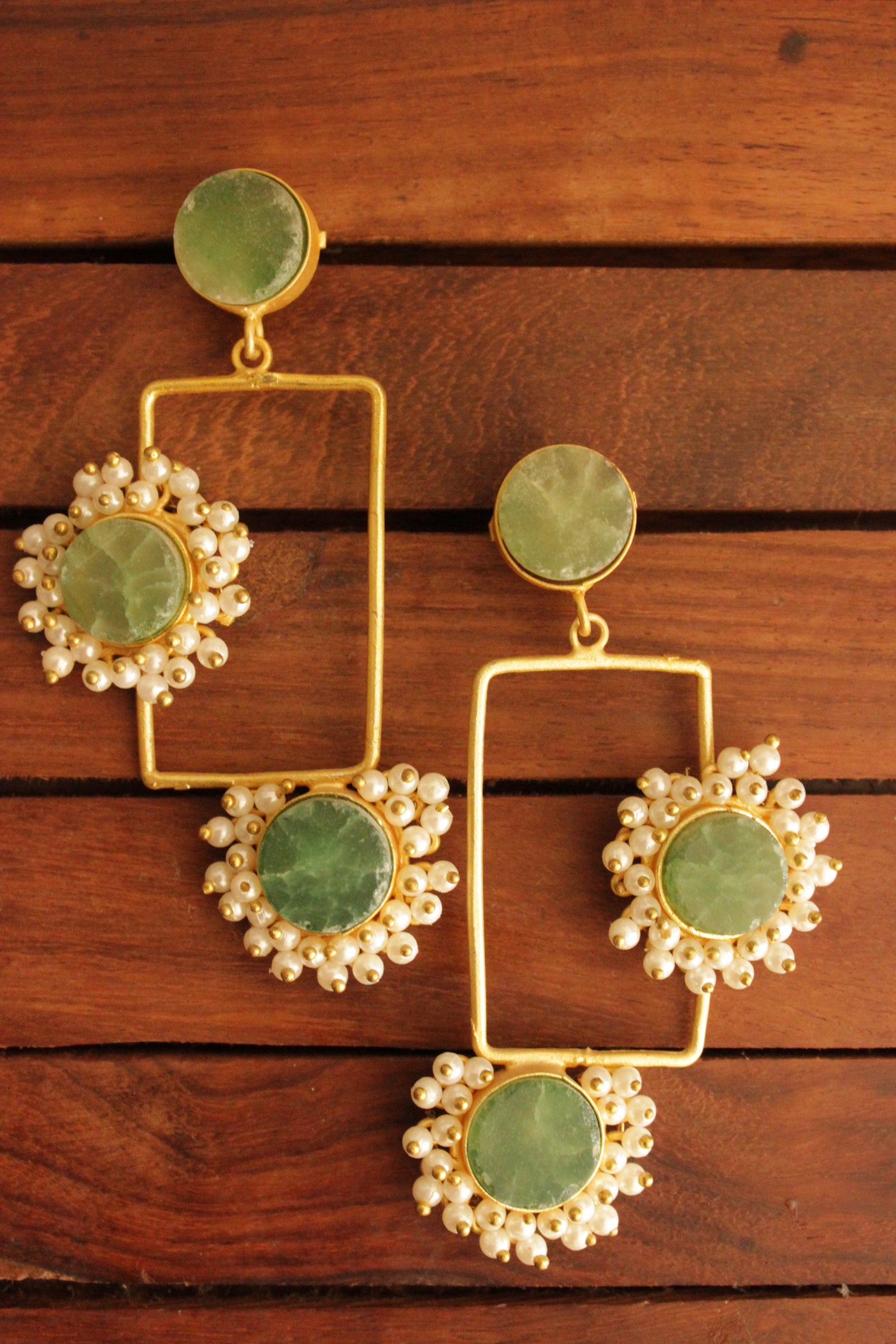 Sea Green Raw Natural Gemstones Embedded Gold Toned Brass Rectangular Earrings Accentuated with White Beads