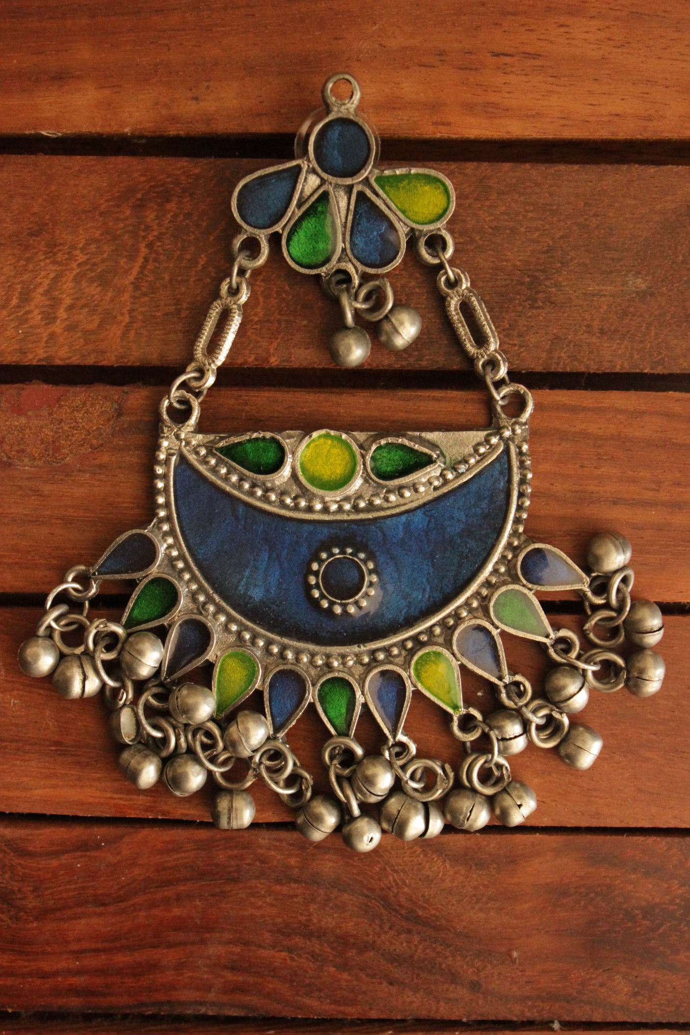 Royal Blue and Green Enamel Painted Afghani Chandbali Dangler Earrings with Ghungroo Beads