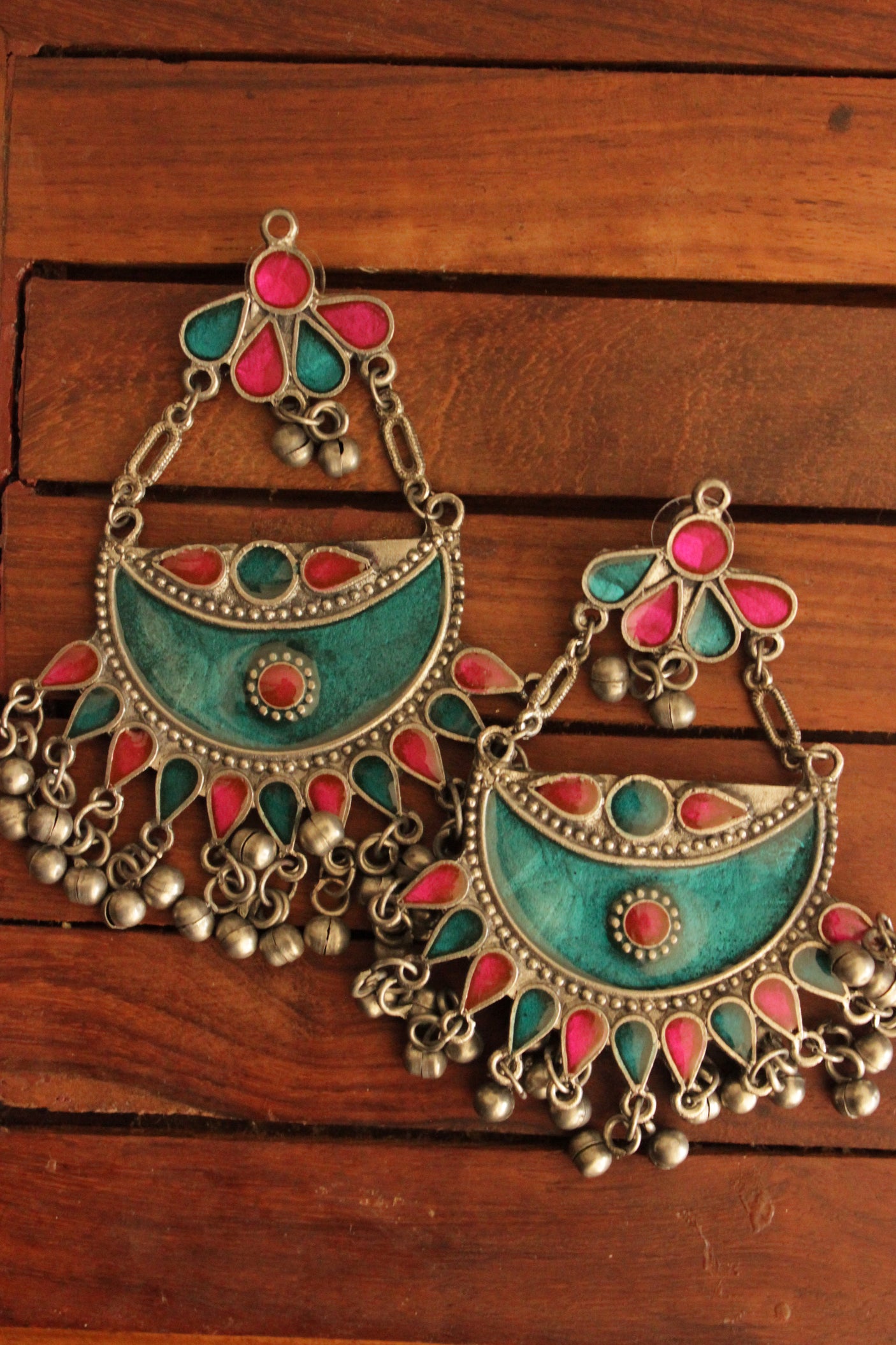 Aquamarine Blue and Pink Enamel Painted Afghani Chandbali Dangler Earrings with Ghungroo Beads
