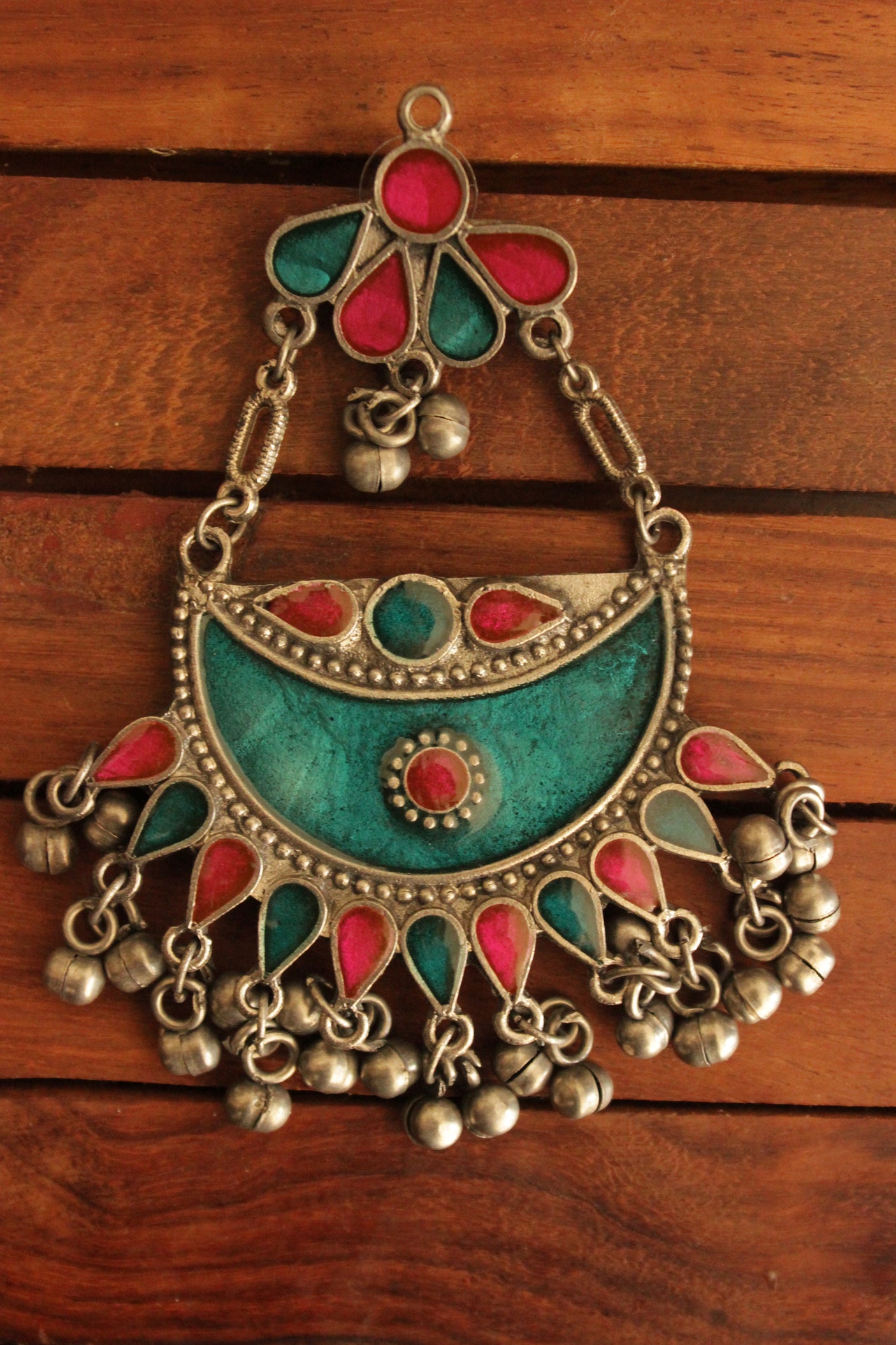Aquamarine Blue and Pink Enamel Painted Afghani Chandbali Dangler Earrings with Ghungroo Beads