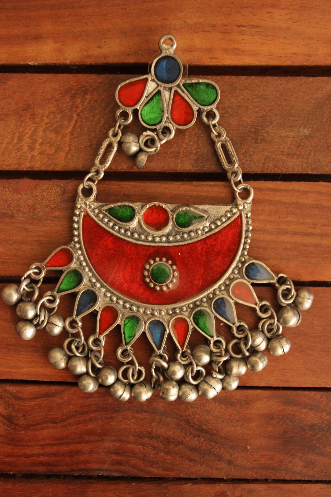 Red and Multi-Color Enamel Painted Afghani Chandbali Dangler Earrings with Ghungroo Beads