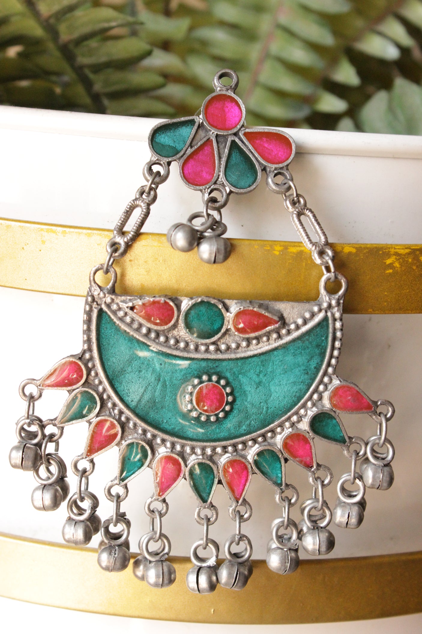 Aquamarine Blue and Pink Enamel Painted Afghani Chandbali Dangler Earrings with Ghungroo Beads